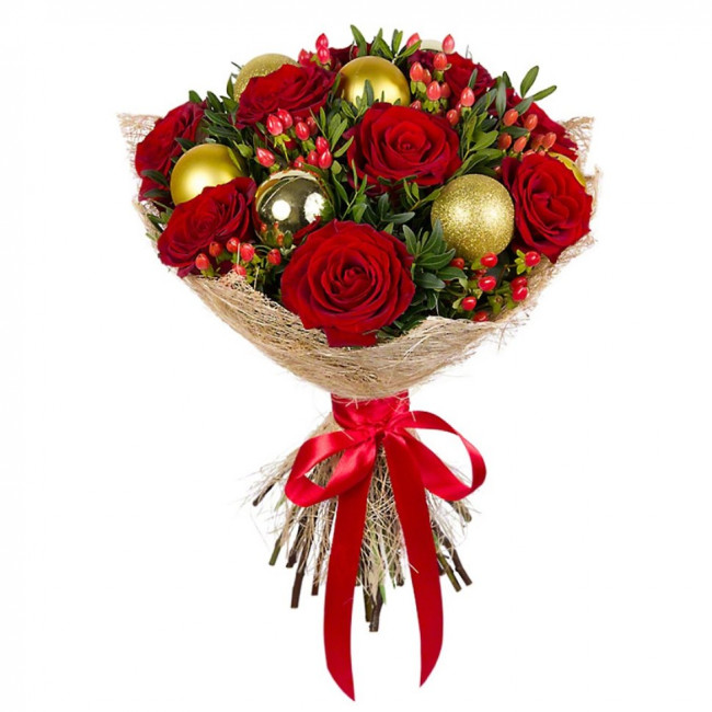 Букет цветов "Новогодний букет из красных роз"
